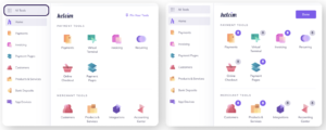 A comparison of the Helcim dashboard before and after pinning tools, showing payment and merchant tools.